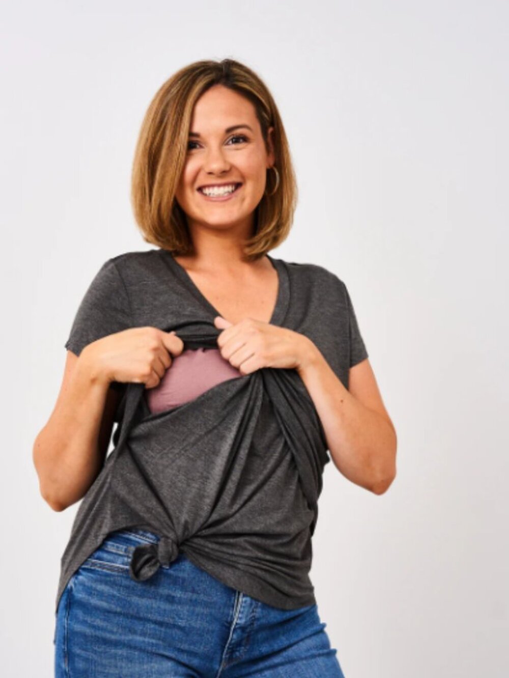 Latched Mama Short Sleeve Nursing Tee in Charcoal with Mauve Nursing Layer